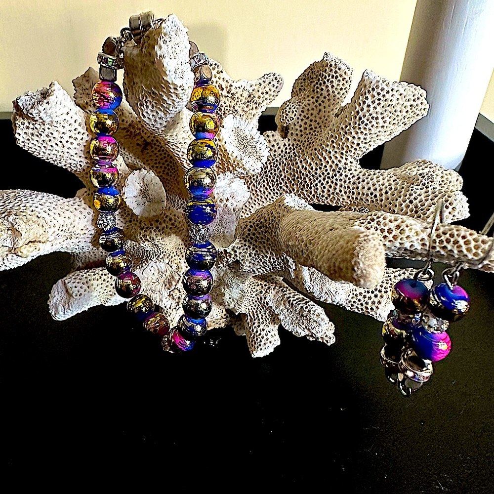 Gold, Pink, and Blue Dichroic Bracelet and Earrings